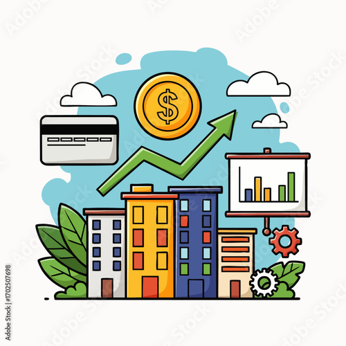 This dynamic illustration symbolizes urban business growth, financial investment, and economic prosperity through a cityscape, rising charts, and monetary symbols.