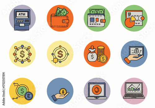 A vibrant set of financial icons depicting essential elements of banking, investment, and digital currency transactions for contemporary economic themes.