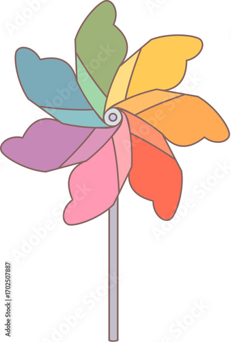 Colorful pinwheel toy with eight petals on a stick