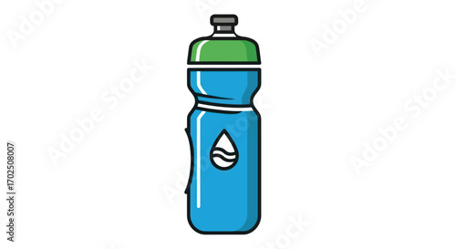 Blue Sports Water Bottle with Green Cap and Water Drop Icon.