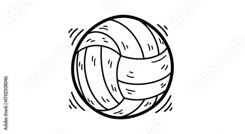 Black and White Cartoon Volleyball with Detailed Stitching.