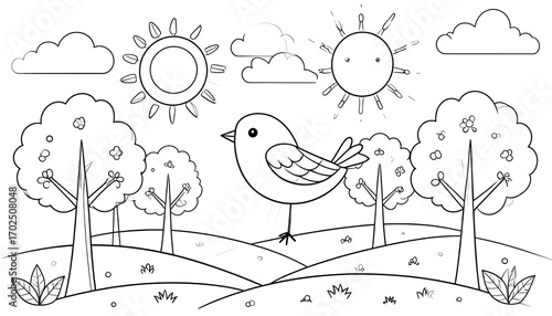 Whimsical spring illustration with birds, suns, trees and clouds for coloring