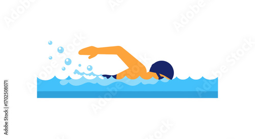 Person swimming freestyle stroke in blue water with bubbles.