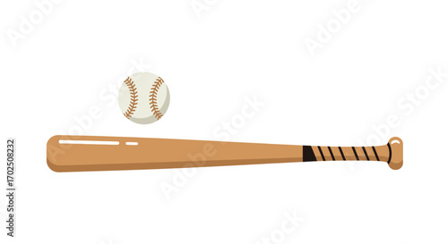 Cartoon Baseball Bat and Ball Illustration on White Background.