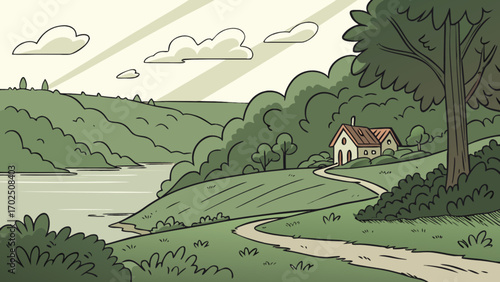 Cartoon landscape illustration of house by lake with trees and clouds in green color palette art