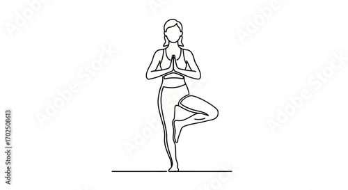 Line Drawing of Woman Performing Tree Yoga Pose.