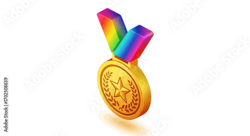 Golden Medal with Rainbow Ribbon for Achievement and Success.