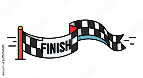 Waving checkered finish line flag with bold text on a red pole indicating the end of a race.