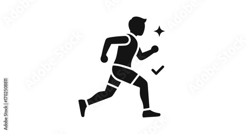Dynamic black silhouette of a running person with sparkle and checkmark icon.