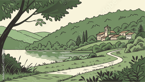Idyllic landscape drawing of lake with village mountains and winding path scenic nature illustration
