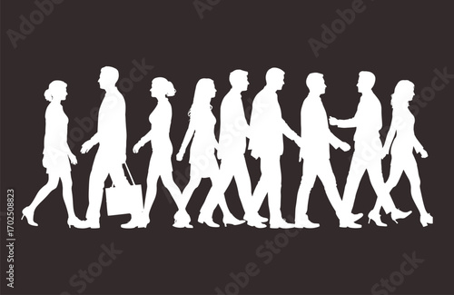 Group of people walking silhouettes, men and women together, symbol of teamwork, business commute, community, society, daily life, collaboration
