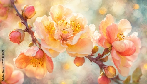 Beautiful golden Chaenomeles flowers, or Chinese Quince with delicate background. 