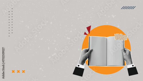 hands holding open books stickers with vintage art collage