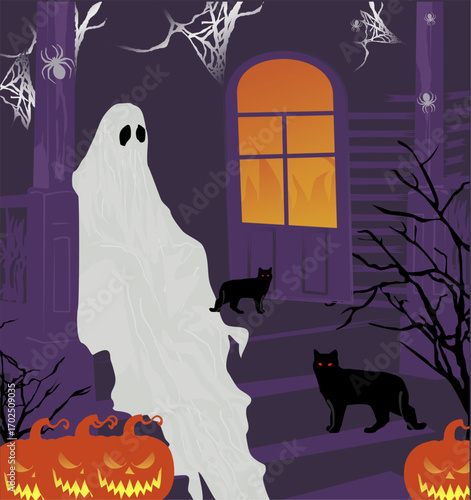 Festive Halloween party with spooky pumpkins, cute ghosts on a house background. Holiday cartoon characters. 