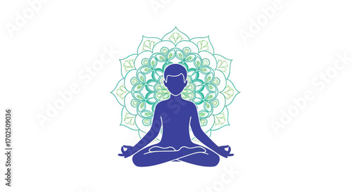 Stylized blue silhouette meditating figure in lotus pose with green mandala pattern.