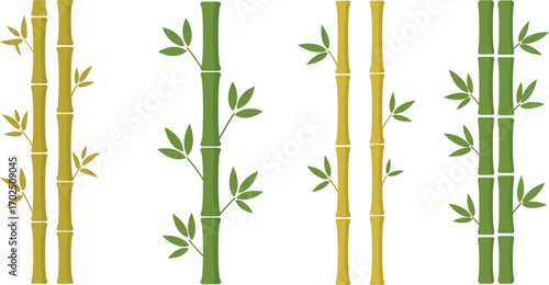four bamboo stalks with green leaves arranged neatly