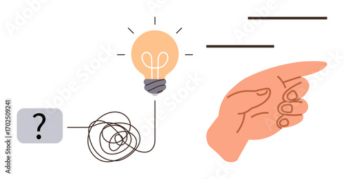 Bright light bulb connected to tangled line and question mark box, representing creative solutions. Hand pointing towards clarity. Ideal for problem solving, innovation, guidance, decision making