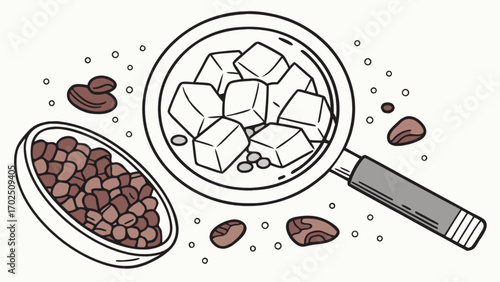 Illustration of sugar cubes and coffee beans with magnifying glass for food analysis concept