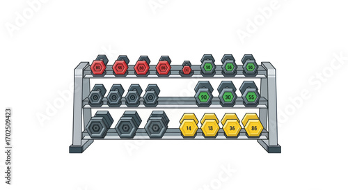 Illustration of colorful hex dumbbells on a three-tier gym rack fitness equipment.