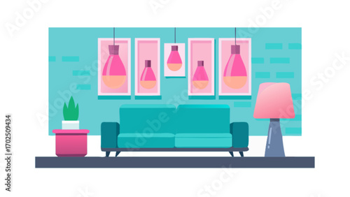 Living room interior design with sofa, lamp, plant, and framed artwork illustration vector design