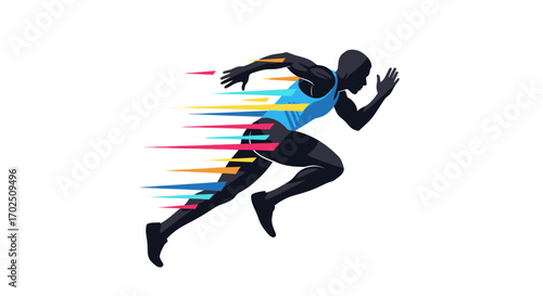 Dynamic stylized runner silhouette with vibrant colorful speed lines.