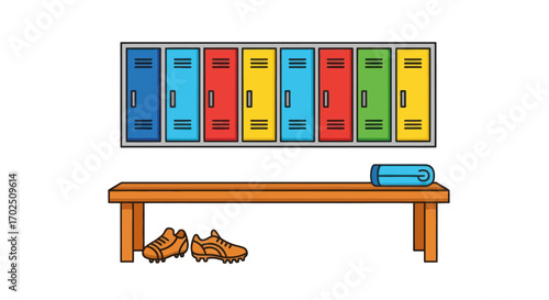 Colorful Lockers and Wooden Bench with Sports Shoes and Towel.