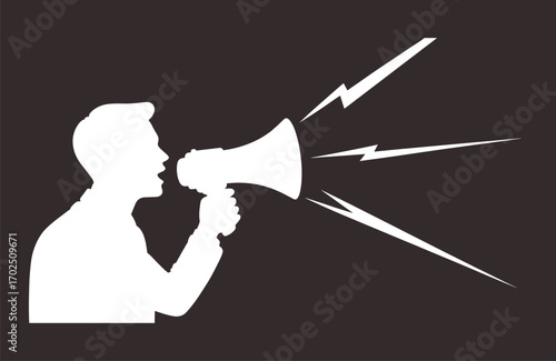 Person shouting with megaphone silhouette, symbol of communication, public speaking, protest, announcement, activism, marketing, attention, loud message