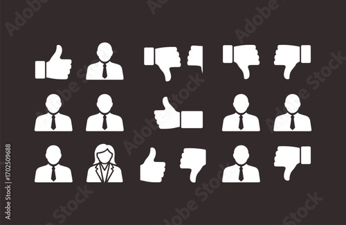 Business feedback icons, approval and disapproval, thumbs up thumbs down, rating evaluation, customer review, teamwork decision making, employee feedback