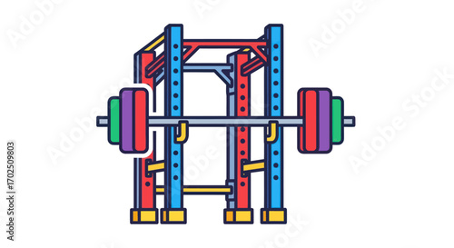 Colorful Weightlifting Power Rack with Barbell and Weights.