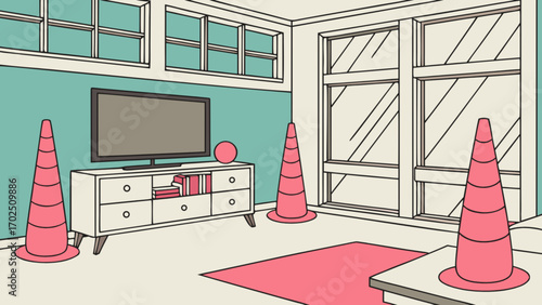 Cartoon interior design living room with tv console traffic cones and large windows illustration