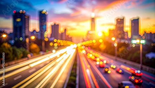 A blurred cityscape at dusk, featuring traffic light trails on a highway, silhouetted buildings, and a colorful sunset sky