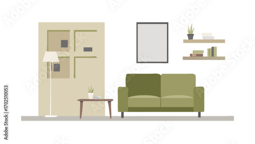 Modern living room interior design with green sofa, lamp, shelves, and artwork for home decor ideas