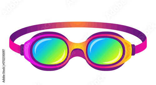 Vibrant Rainbow Lens Swimming Goggles with Purple Strap.
