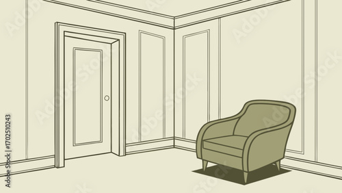 Interior design living room drawing vector illustration with chair door and wall art rendering sketch