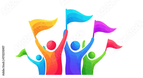 Diverse group of stylized figures holding colorful flags in celebration.