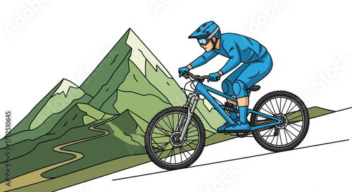 Mountain Biker in Blue Gear Riding Uphill with Mountains.