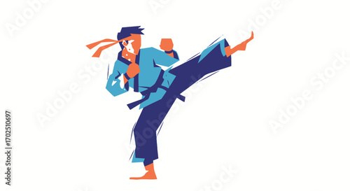Karate Practitioner Kicking with Blue Belt and Headband.