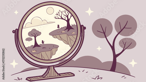 Dreamy landscape reflection in mirror illustration with floating islands and trees art design