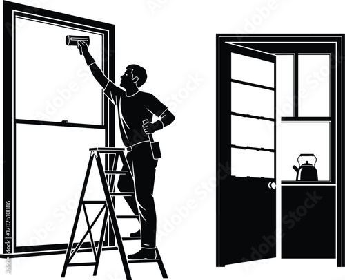 Black and white household scene with person cleaning window and open kitchen door view in minimalist vector home maintenance illustration design
