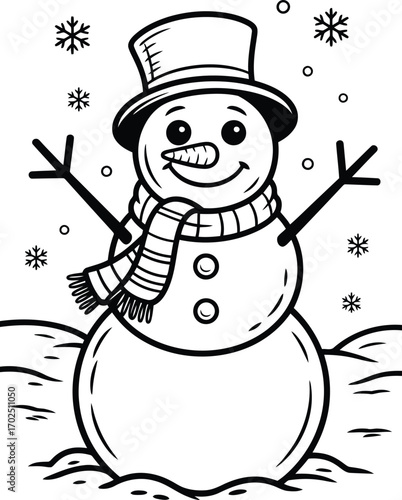 A cheerful cartoon snowman wearing a top hat and striped scarf stands in the snow with snowflakes falling around him