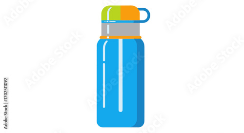 Blue reusable water bottle with colorful lid and carrying loop.
