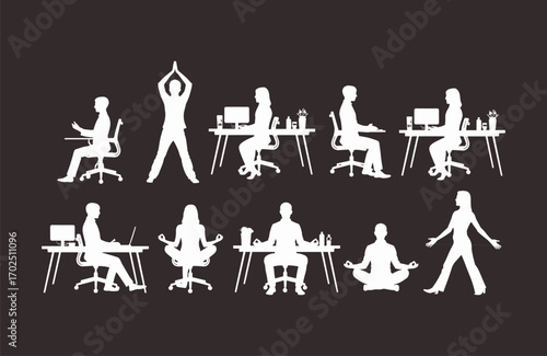 Office workers practicing wellness, yoga, meditation, stretching, and work-life balance, healthy workplace habits, stress relief, productivity improvement
