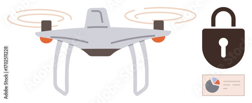 Surveillance quadcopter with spinning propellers, security padlock, and data chart. Ideal for technology, surveillance, safety, privacy, cybersecurity innovation automation. Clean and simple flat