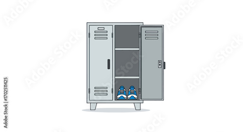 Open Metal Locker with Shoes Inside Storage Unit.