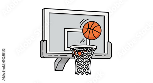 Illustrated basketball hoop with orange ball scoring a basket.