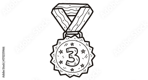 Hand Drawn Third Place Medal Illustration with Ribbon.