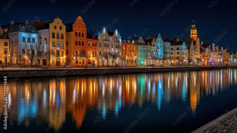 Obraz premium Picturesque Cityscape at Night Reflected in River, Vibrant Architecture along the Waterway, Illuminated Buildings