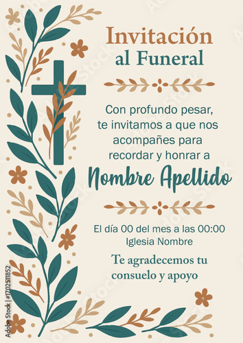 Tarjeta para invitación al funeral floral con color turquesa y café