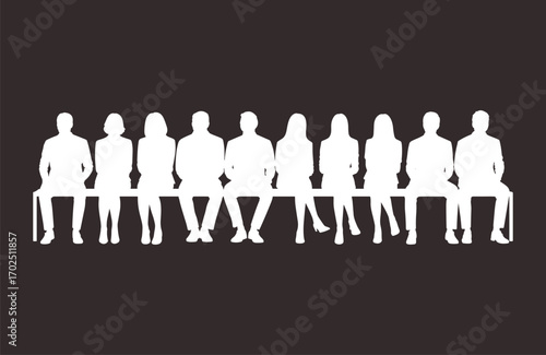 Business people sitting on chairs waiting for job interview, recruitment, career opportunity, human resources, employment process, hiring candidates