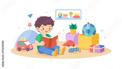 Illustration of a boy reading book surrounded by toys in a kids room for education and learning